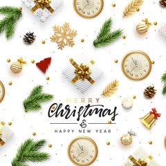 Wall Mural - Christmas vector background. Xmas realistic decoration objects viewed from above. Text Merry Christmas and happy New Year