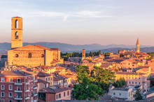 Beautiful Sunset View Of The Rooftops And Hills Of The Medieval City Of Perugia, Umbria, Italy