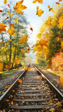 Colorful Autumn Leaves Falling Down On Railway Tracks