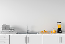 Modern White Kitchen Countertop With Sink For Mockup, 3D Rendering