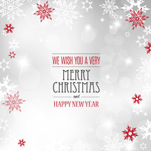 Christmas Light Vector Background Illustration With Snowflakes And Red Merry Christmas Wishes.