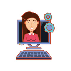 Sticker - woman with computer desktop and gears