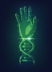 Wall Mural - concept of biometric technology; hand combined with dna symbol; digital blueprint of body part of human