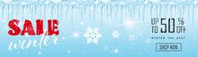 Winter Sale Banner Design Frozen Icicles Season Shopping Template Special Discount Offer Concept Horizontal Poster Flat
