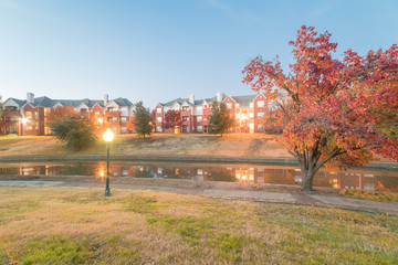 Wall Mural - Typical riverside apartment complex reflection with beautiful fall foliage color at blue hour. Rental housing building in suburban Dallas, Texas, USA. Bradford pear (Callery pear) tree