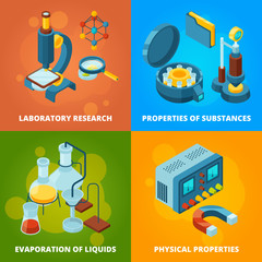 Poster - Science equipment. Chemistry testing research laboratory school class lab vector isometric concept pictures. Illustration of study chemical, experiment science, evaporation and physical properties