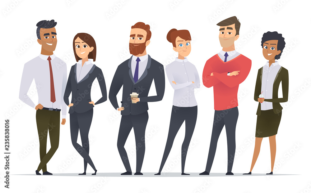 Business team. Professional workers happy partners group team building office male and female managers standing vector characters. Illustration of worker group, business manager team - obrazy, fototapety, plakaty 