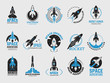 Rocket logo. Space satelite retro shuttle moon discovery logotypes of observatory vector black badges isolated. Shuttle and satellite, spaceship and rocket adventure illustration