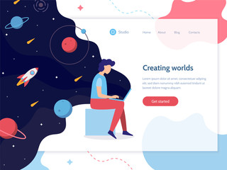 Wall Mural - creating worlds. a man works at a computer from which flows space. web banner design template. web d
