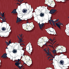 Wall Mural - Hand drawn white blooming flowers on dark  blue leaves and texture background in vector seamless pattern