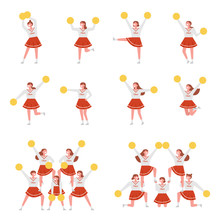 Various Behaviors Of Cheerleader Characters. Flat Design Style Vector Graphic Illustration.