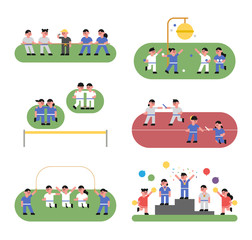 Wall Mural - Cute elementary school children playing athletic day. flat design style vector graphic illustration.