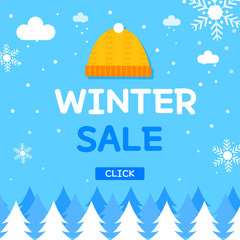 Sticker - Winter sale vector poster design with Fur hat, Trees, white snowflakes and winter sale text for shopping promotion. Vector illustration.