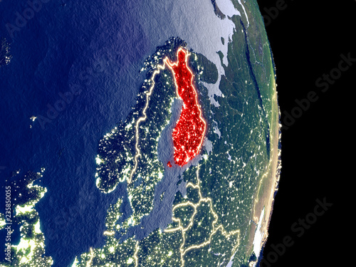 Fotografie, Obraz Satellite view of Finland at night with visible bright city lights