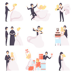 Wall Mural - Happy wedding couple set, bride and groom celebrating marriage, dancing, hugging, cutting cake vector Illustration on a white background