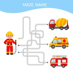 Wall Mural - Maze game for children. Cartoon illustration of fireman and cars.