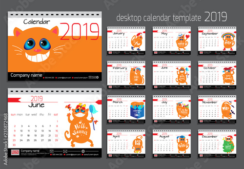 Desk Calendar With Funny Cats For 2019 Year Vector Design