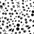Animal and bird trace silhouettes of steps imprints, seamless pattern on white
