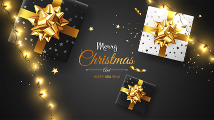 Vector photorealistic top view christmas still life. Vector design xmas banner, brochure cover. Merry christmas callygraphy.