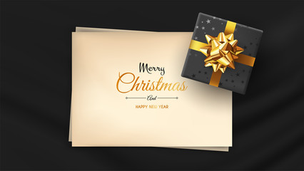 Vector photorealistic top view christmas still life. Vector design xmas banner, brochure cover. Merry christmas callygraphy.