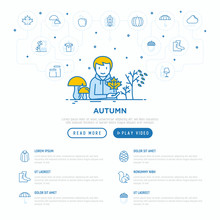 Autumn Concept:  Man In Park With Mushrooms And Maple. Thin Line Icons: Oak Leaves, Apple, Pumpkin, Umbrella, Rain, Candles, Acorn, Rubber Boots, Raincoat. Vector Illustration, Web Page Template.