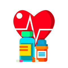 Canvas Print - Medical Bottle Pills On Background Of Heart And Heartbeat Graphics Vector. Isolated Cartoon Illustration