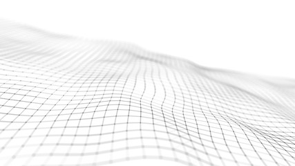 Poster - wave of particles on white background. abstract interlacing lines and points. digital connection of 