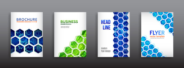 Abstract technology cover with hexagon elements. High tech brochure design concept. Futuristic business layout. Technology poster templates.
