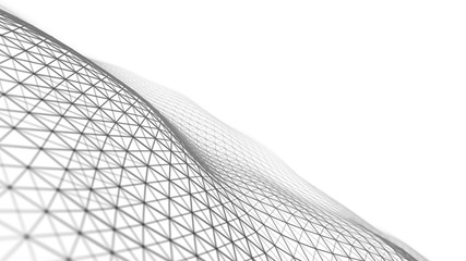 White wave composed of lines and points. Abstract light background. Wave of particles.