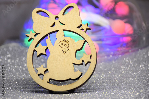 Wooden Chinese New Year Toy With Funny Pig And Stars On Beautiful