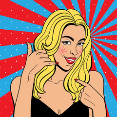 Wall Mural - Sexy pop art woman with squinted eyes. Vector background in comic style retro pop art. Invitation to a party. Face close-up.