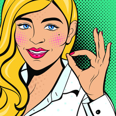 Sexy pop art woman with squinted eyes and open mouth. Vector background in comic style retro pop art. Invitation to a party. Face close-up.