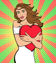 Wall Mural - Poster for Valentine's day. Sexy pop art woman with  heart. Vector background in comic style retro pop art. Invitation to a party. Face close-up.