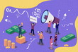 © jeler - Vintage isometric illustration concept. Group of people shouting on megaphone You Win. Man stands with a prize on a pedestal.