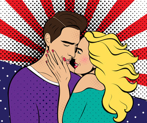 Wall Mural - Poster for Valentine's day. Sexy pop art woman with  a man. Vector background in comic style retro pop art. Invitation to a party. Face close-up.