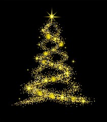  Christmas tree on transparent background with gold bright stars. Symbol of Happy New Year, Merry Christmas holiday celebration. Golden light decoration. 