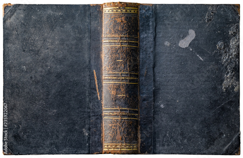 Photographie Old open book cover with worn textured grungy paper boards and wax drips, cracke
