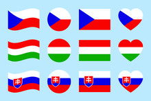 Czech Republic, Hungary, Slovakia flags vector set. Flat isolated icons. Hungarian, Czech, Slovak national symbols collection. Web, sports page, travelling, touristic design element. Geometric shape.