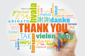 Thank You Word Cloud in all languages with marker, concept background