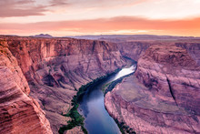 Sunset At Horseshoe Bend Canyon - Grand Canyon With Colorado River - Located At Page, Arizona - USA