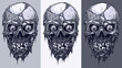 Detailed graphic realistic cool black and white human skulls with horrible pieces of dead skin, eyes and broken teeth. On gray background. Vector icon set.