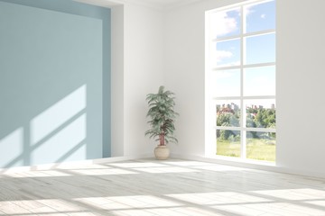 White empty room with summer landscape in window. Scandinavian interior design. 3D illustration