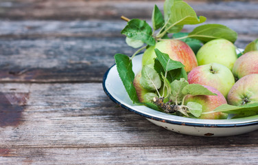 Organic apples on wooden table