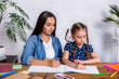 © nazarovsergey - Happy family mother and daughter together draw with markers.