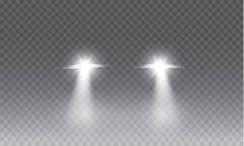 Car Head Lights Shining From Darkness Background.Vector Silhouette Of Car With Headlights On Black Background. Easy Light Flash .Vector Illustration.