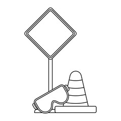 Road sign and glasses with traffic cone black and white