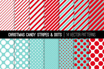 Wall Mural - 
Christmas Aqua Blue, Red and White Candy Cane Stripes and Polka Dots Vector Patterns. Festive Winter Holiday Backgrounds. Repeating Pattern Tile Swatches Included.