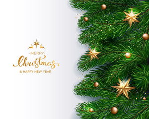 Wall Mural - Holiday's Background with Season Wishes and Border of Realistic Looking Christmas Tree Branches With Gold Stars And Bubbles On White Background. Vector illustration