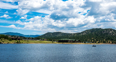 Poster - Grand Lake and the Rockies. Tourist summer vacation in Colorado, USA