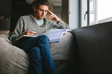 Wall Mural - Student studying at home sitting beside a window